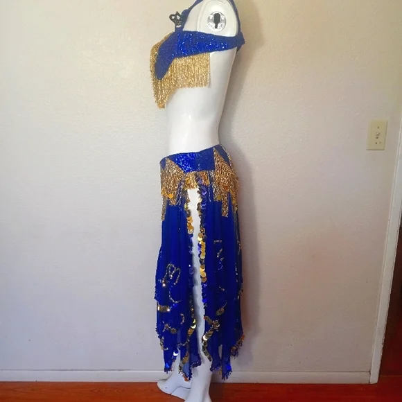 Belly Dancer Ornate Beaded Blue Gold Two Piece Bra Sheer Layered Tiered Skirt - Picture 7 of 13